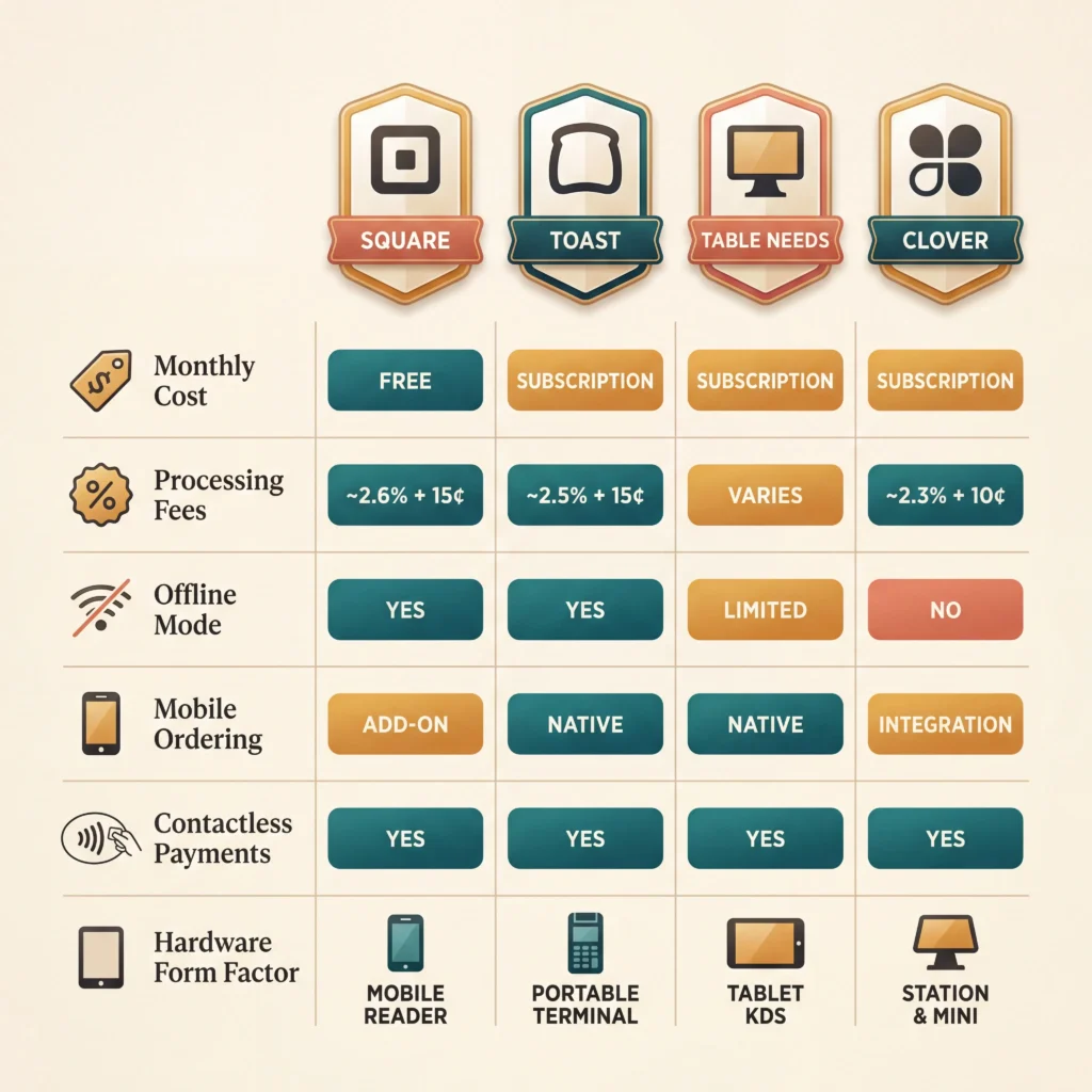 Food truck POS system comparison showing Square Toast Table Needs and Clover features side by side with status indicators