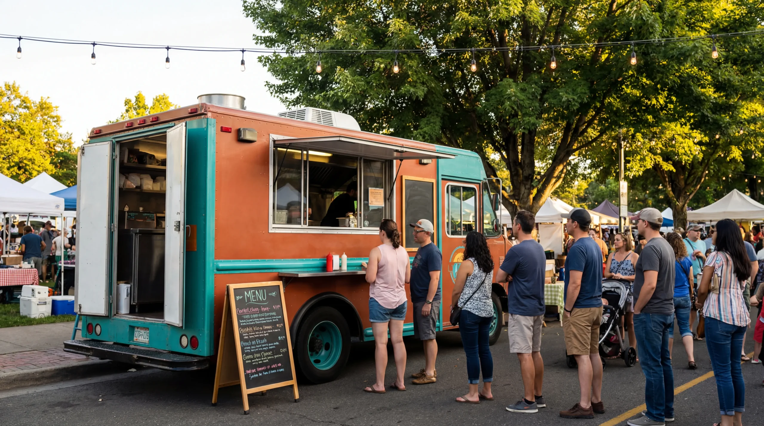 Food truck with serving window open at an outdoor market with customers lining up to order