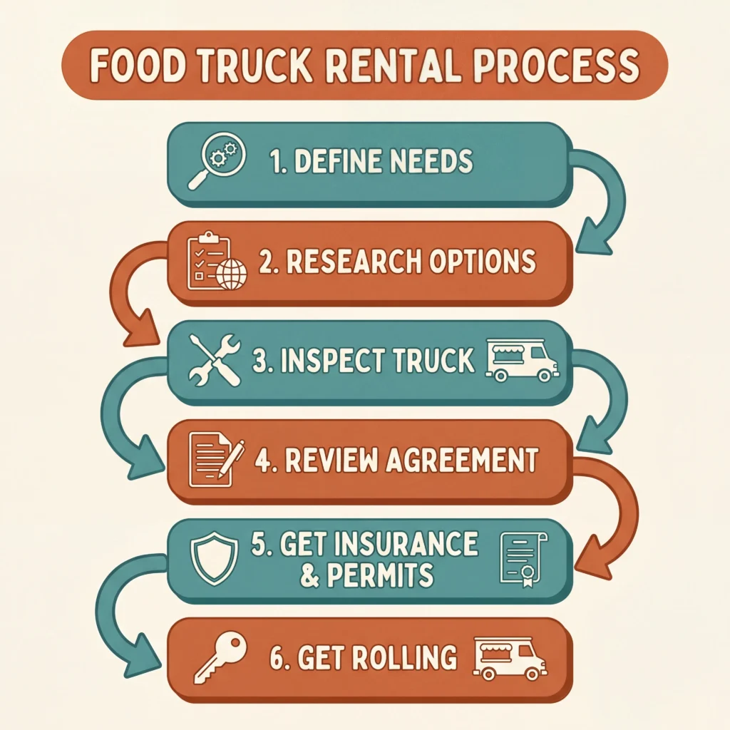Six-step infographic showing the food truck rental process from defining needs to getting rolling