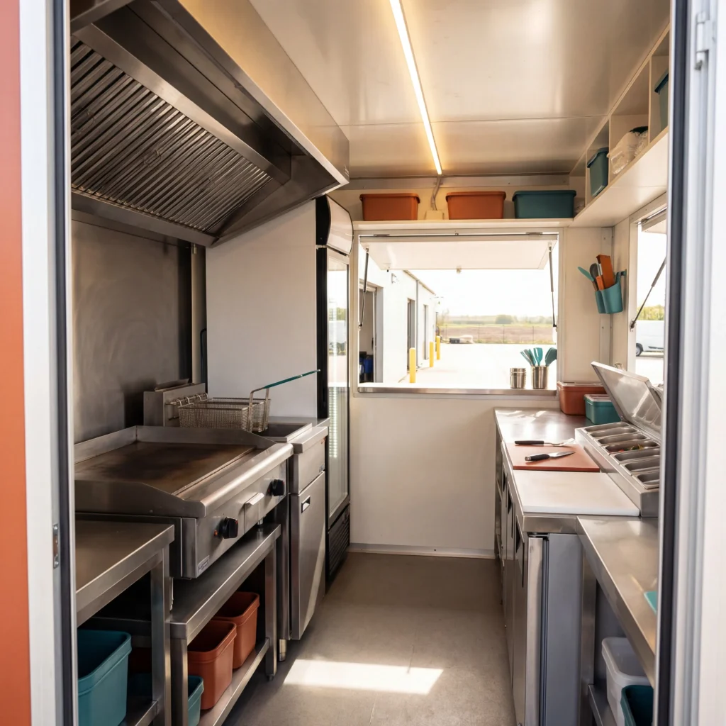 Interior of a fully equipped food truck rental kitchen showing griddle fryer refrigerator and prep station