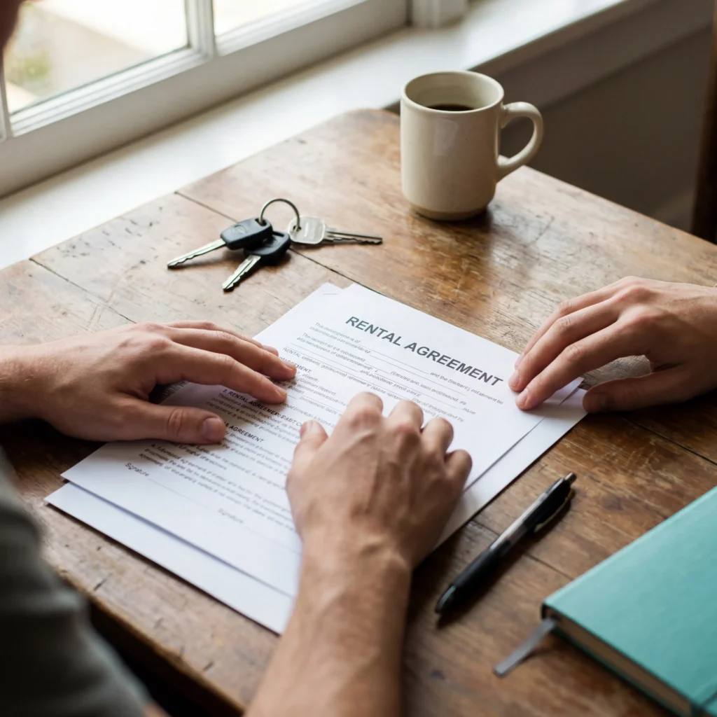 Person reviewing a food truck rental agreement with keys and paperwork on a table