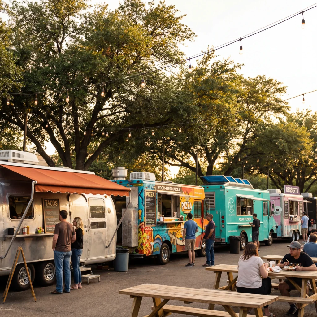 Row of four different food trucks at an outdoor food truck park with customers and string lights