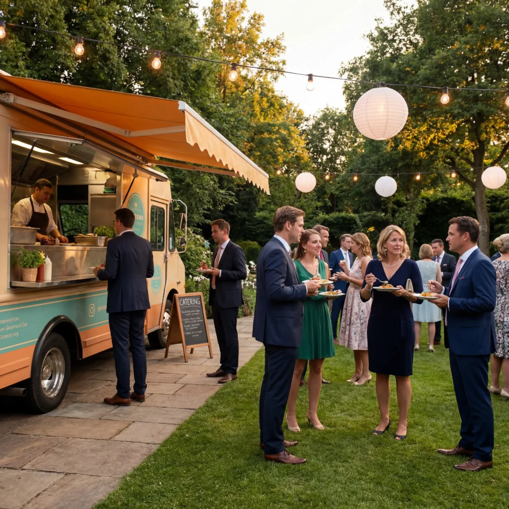 Food truck serving guests at an outdoor evening event with string lights and a relaxed party atmosphere