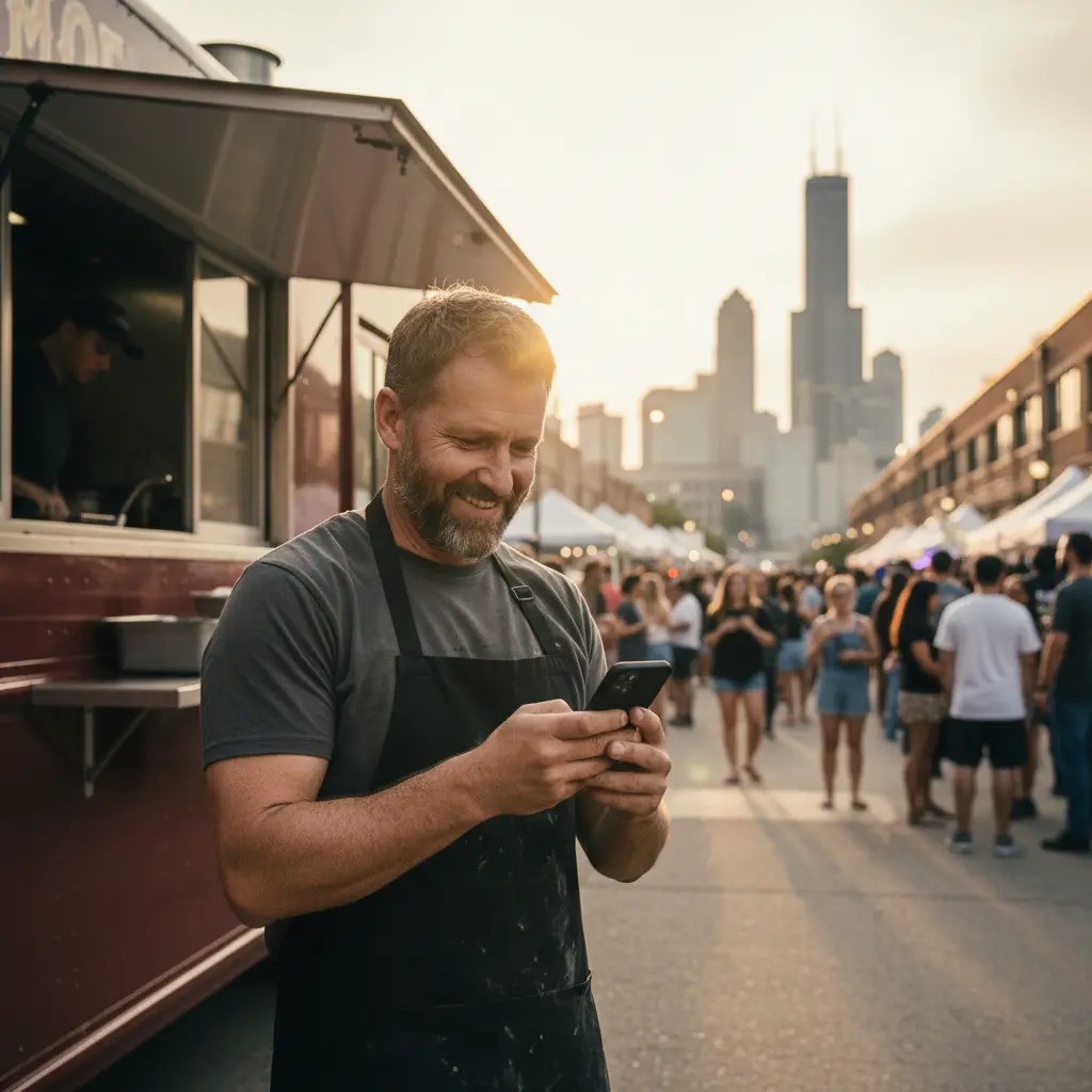 Successful food truck owner reviewing operations on phone at profitable Chicago location at sunset