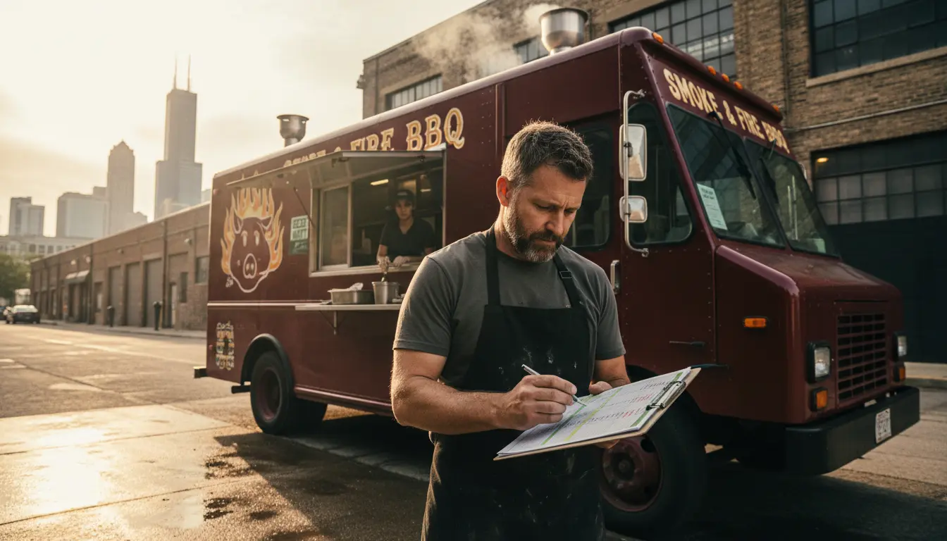 Food truck owner reviewing weekly operations schedule on clipboard beside BBQ truck in Chicago