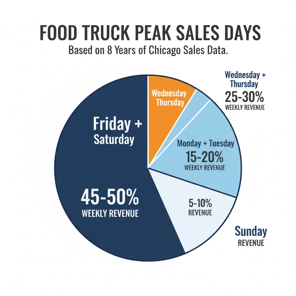 Food truck weekly revenue infographic showing Friday Saturday generate 45-50 percent of sales