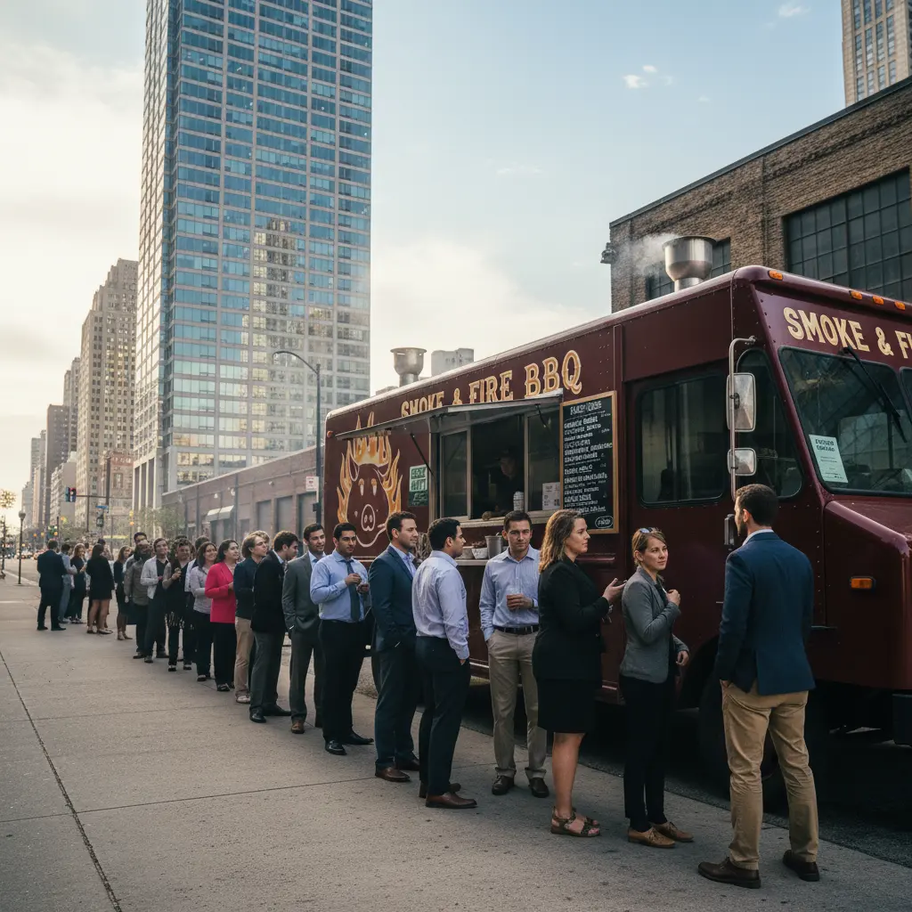 Food truck with customer line at profitable downtown Chicago lunch location