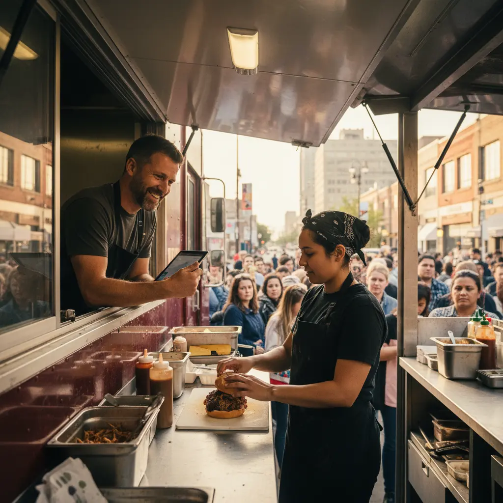 Two-person food truck team working service window and prep station during lunch rush