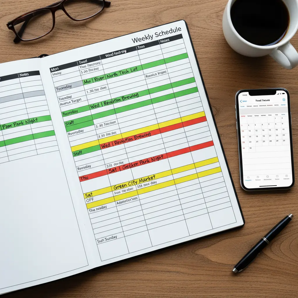 Weekly food truck schedule template with color-coded locations on desk with phone calendar