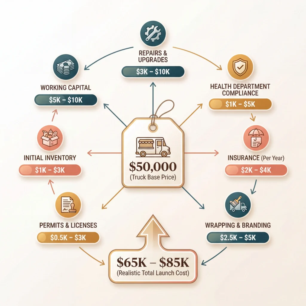 Total cost of buying a food truck breakdown showing seven expense categories beyond the purchase price