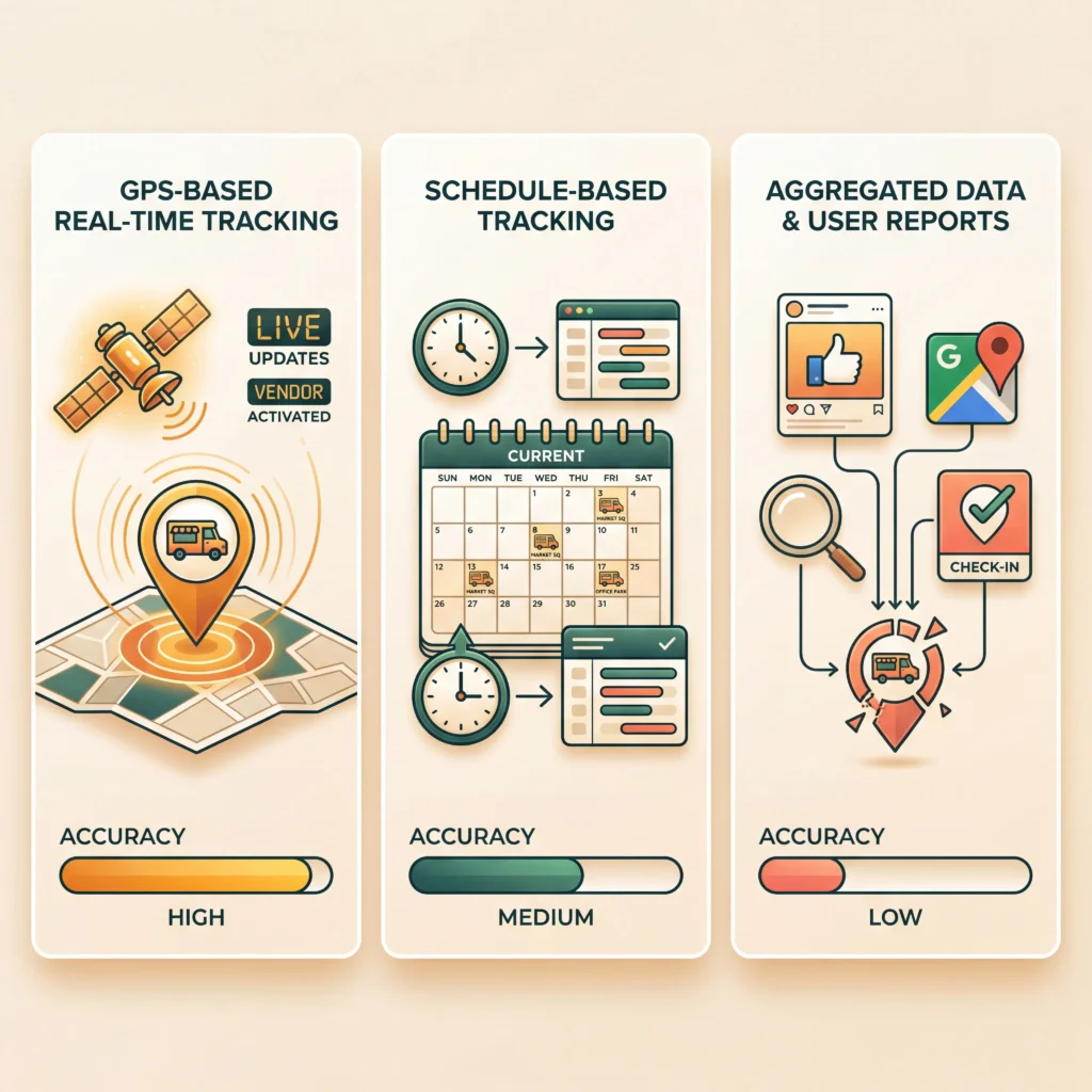 Food truck tracker near me infographic comparing GPS real-time schedule-based and aggregated data tracking methods with accuracy ratings