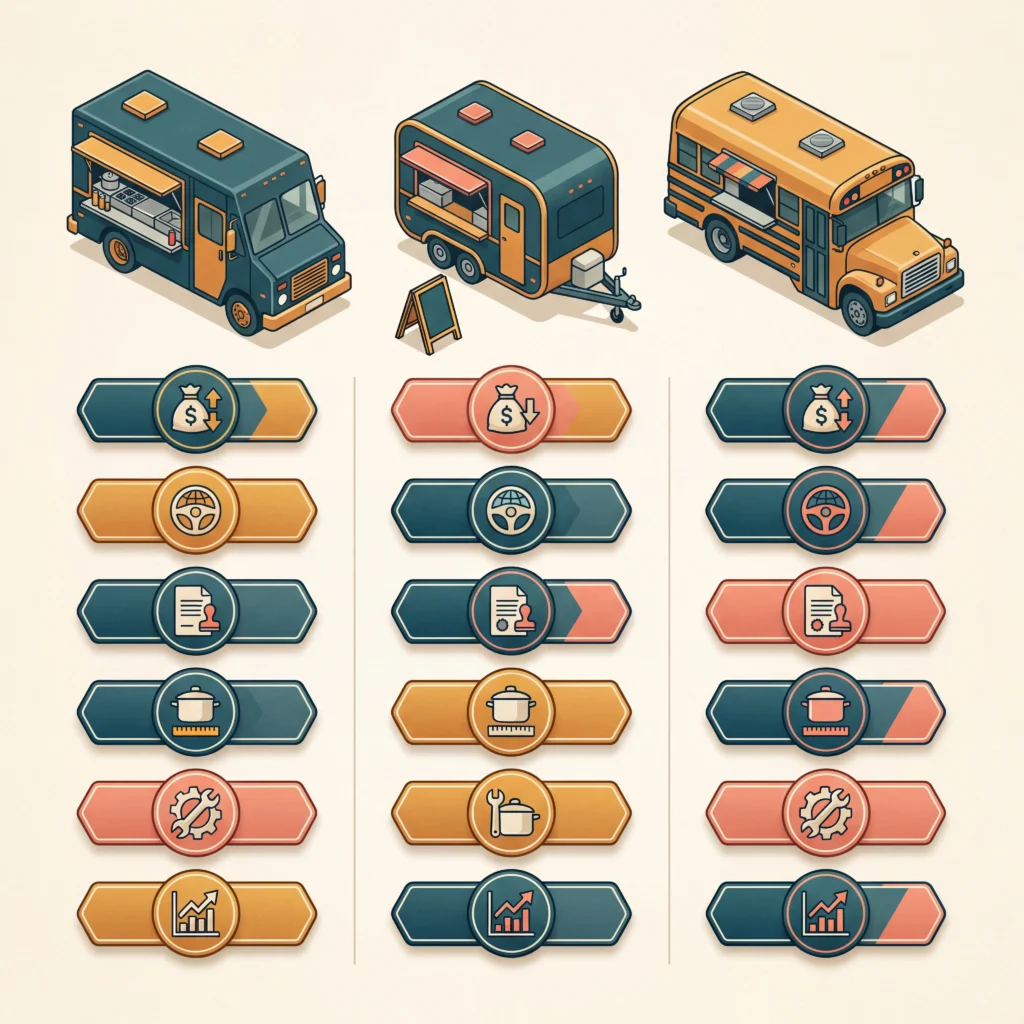 Food truck versus trailer versus conversion comparison showing price range mobility and kitchen space differences