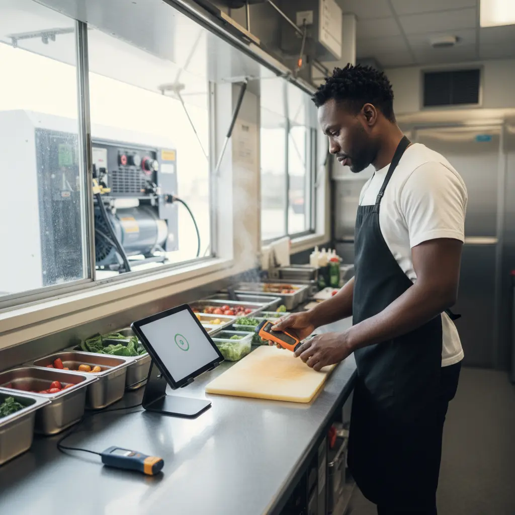 Food truck vendor checking refrigeration temperature during morning operations setup with POS system and prep station visible