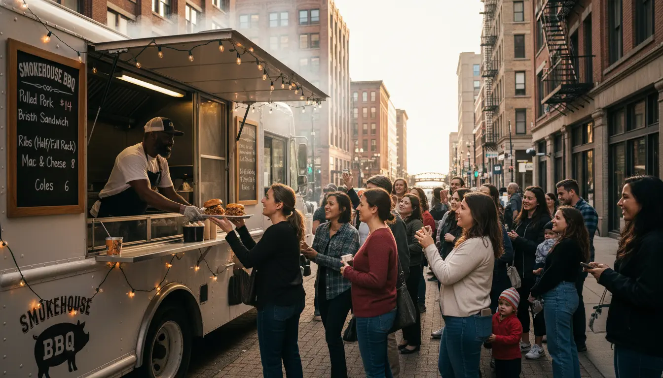 Food truck vendor serving BBQ to customers at Chicago urban vending location during golden hour
