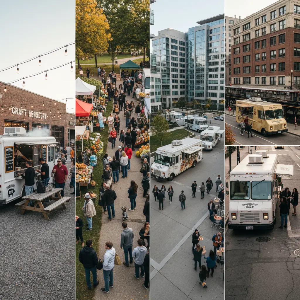Four types of food truck vending locations including brewery lot, office park, farmers market, and urban street corner