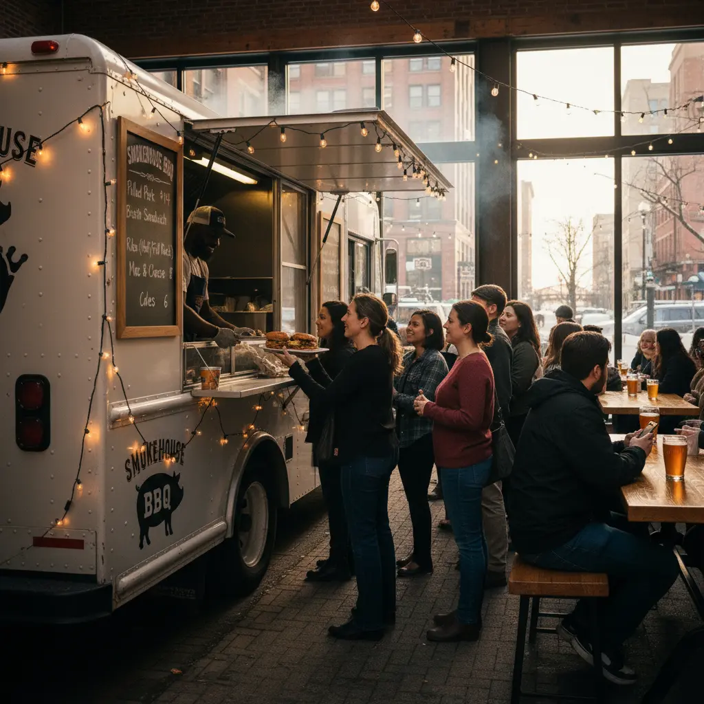 Food truck operating inside brewery taproom during Chicago winter with snow visible outside and warm string lights overhead
