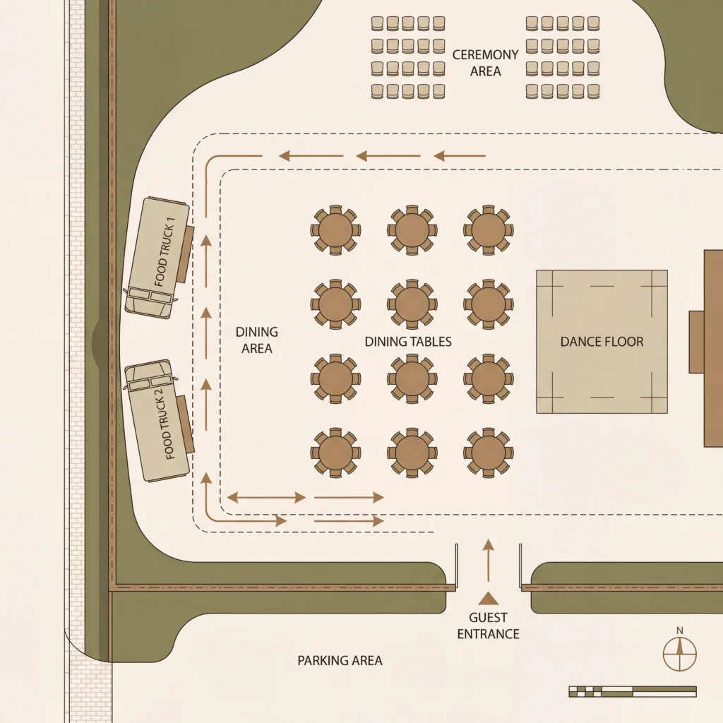 Overhead food truck wedding venue layout diagram showing truck positioning, guest flow arrows, dining tables, and service zones