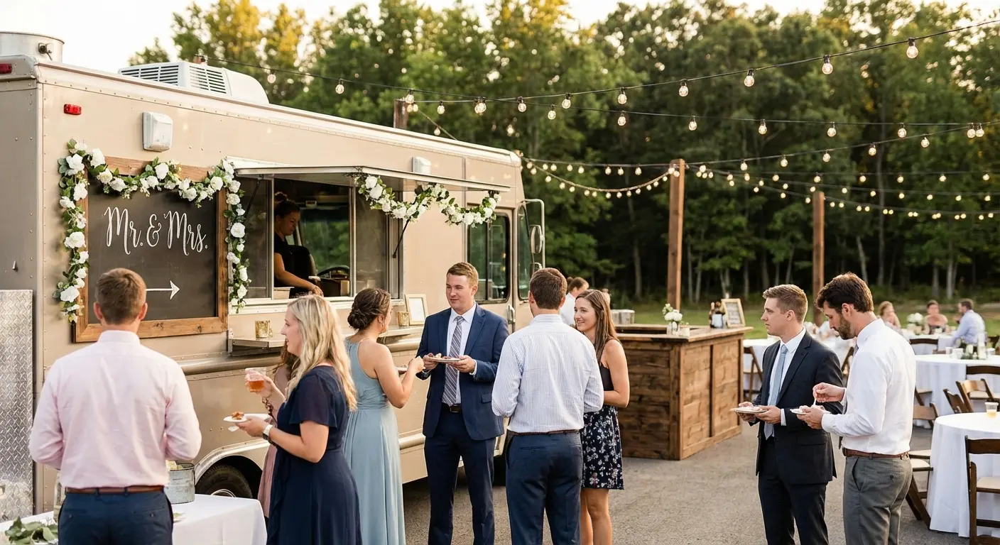 Food truck wedding reception with string lights and guests ordering from a decorated mobile kitchen at an outdoor evening venue