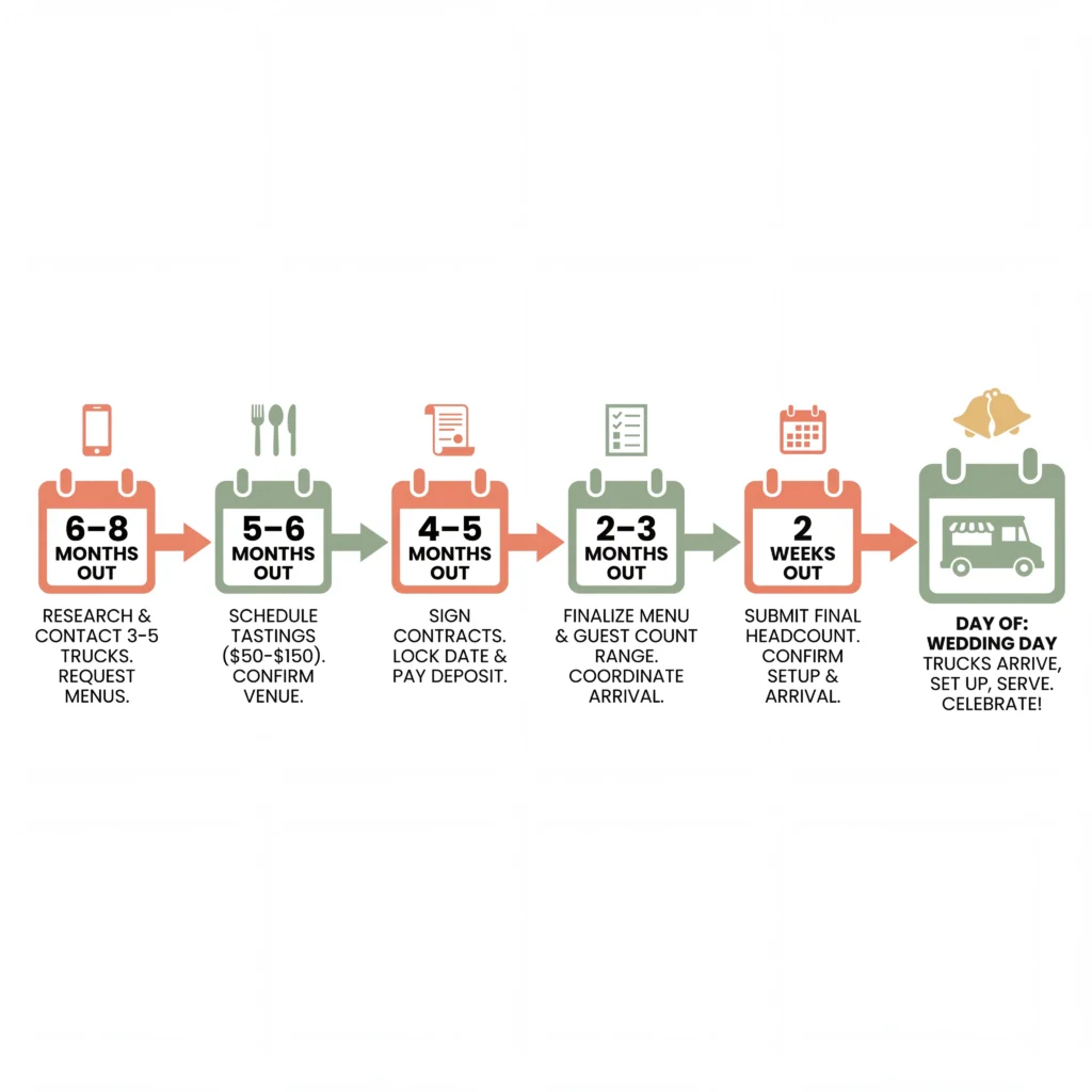 Food truck wedding booking timeline infographic showing 6 milestones from 8 months out to wedding day with key actions at each stage