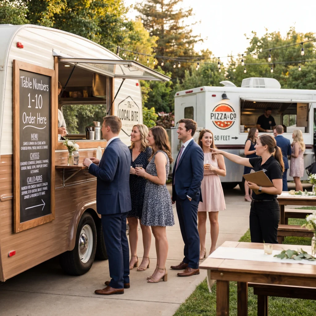 Organized guest flow at food truck wedding with short orderly lines at two separate trucks and coordinator directing guests