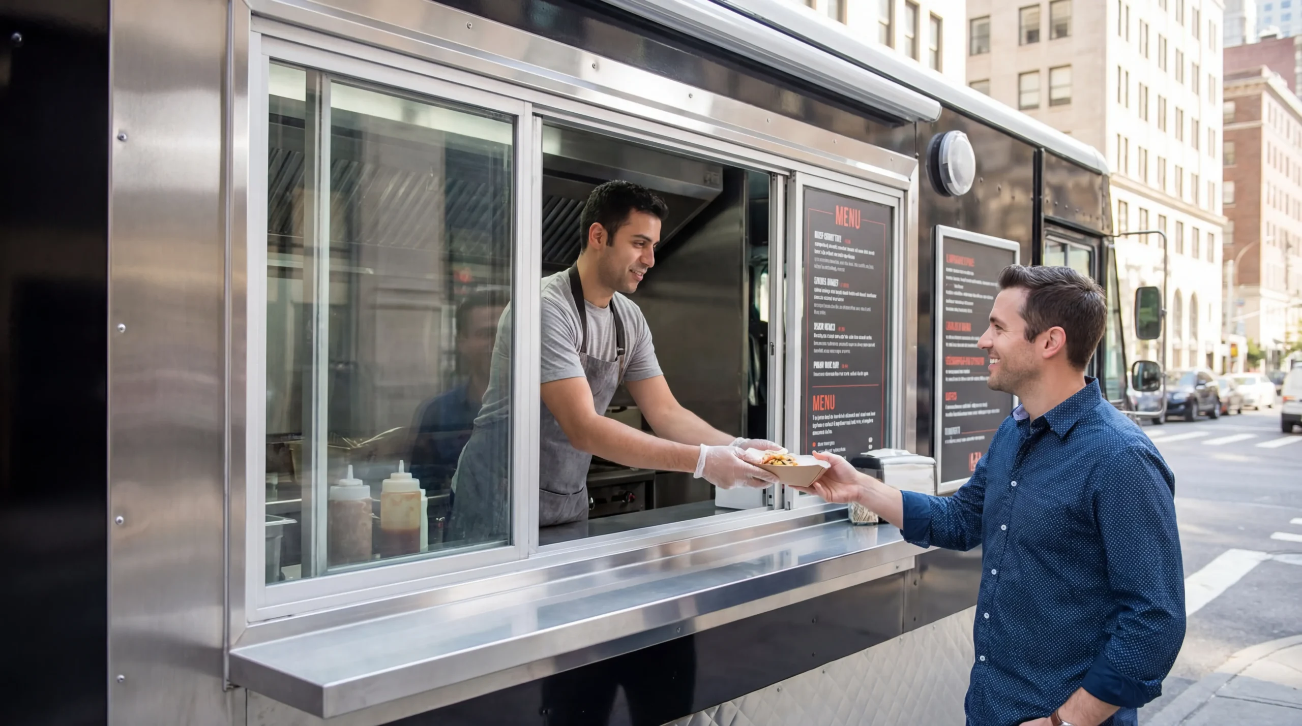 Food truck window with aluminum frame serving customer during lunch rush on urban street
