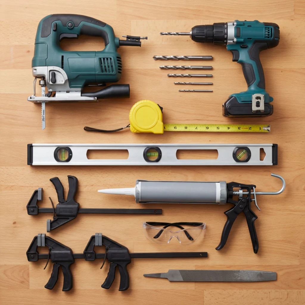 Complete food truck window installation tools laid out including jigsaw, drill, level, caulking gun, clamps, and safety equipment