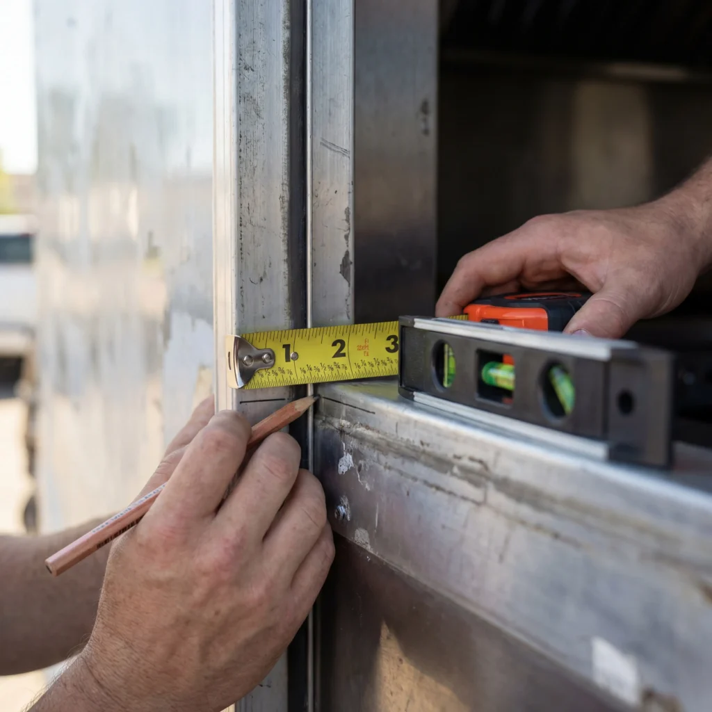 Measuring food truck wall thickness with tape measure for window installation rough opening dimensions