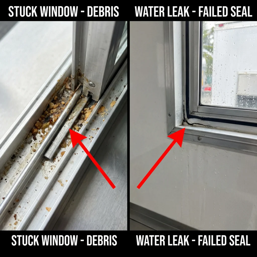 Common food truck window problems showing stuck sliding mechanism with debris and water leak around frame sealant