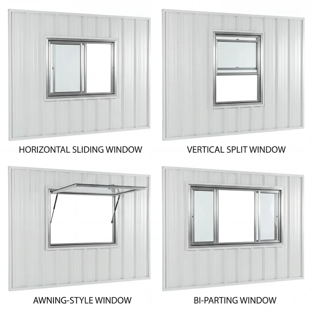 Four food truck window types comparison showing horizontal slider, vertical split, awning style, and bi-parting windows side by side
