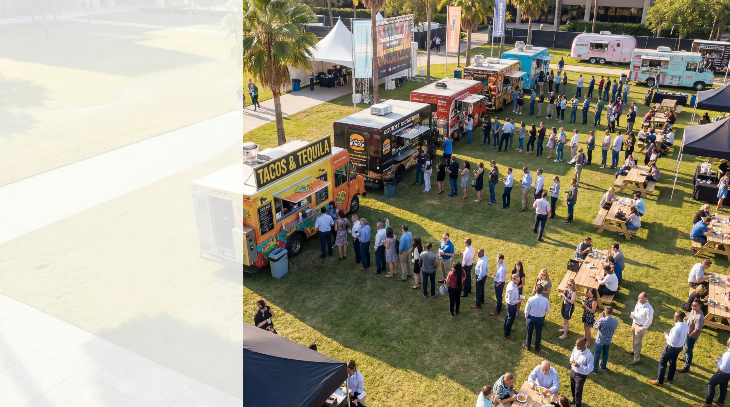 Food trucks for events serving guests at outdoor corporate gathering with organized parking and long customer lines