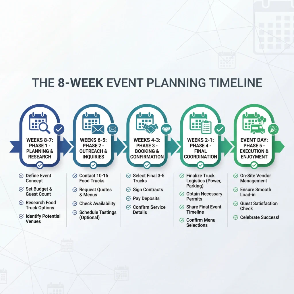 Eight week food truck event planning timeline showing research contracts logistics and confirmation phases