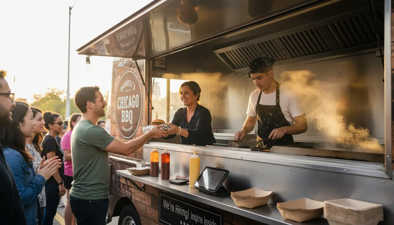 Food truck team working together at service window during busy lunch rush with cook at grill