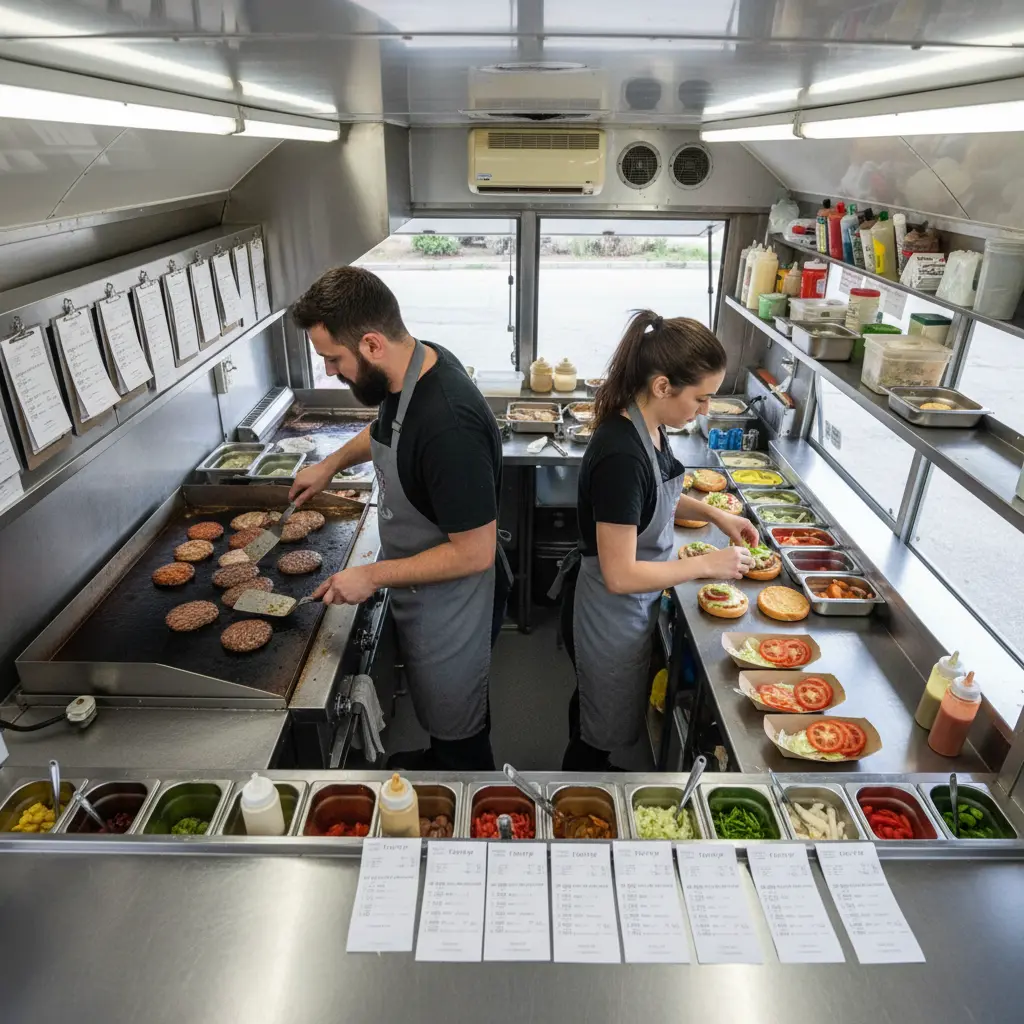 Two food truck employees efficiently running service with one at grill and one at assembly window