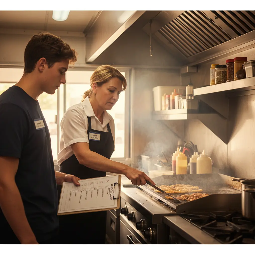 Experienced food truck worker training new employee at grill station with checklist visible