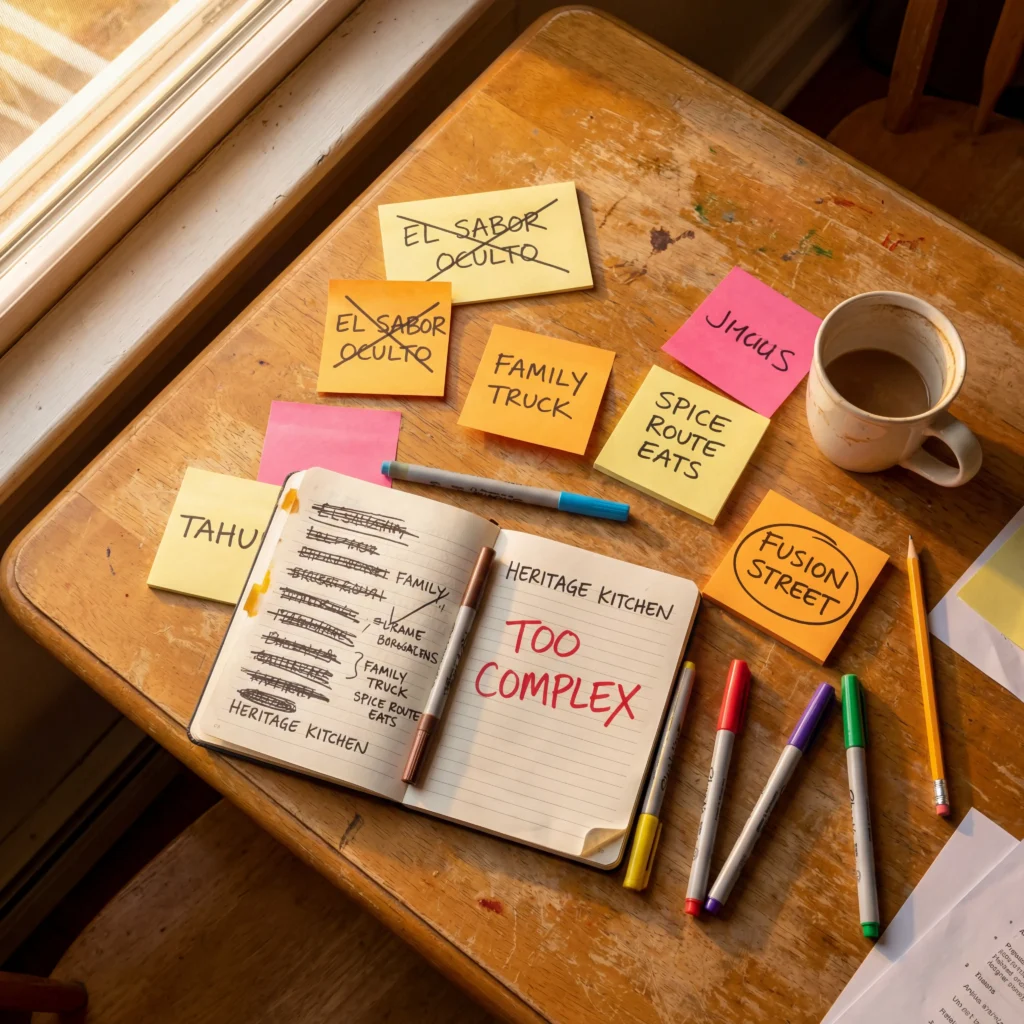 Brainstorming good food truck name ideas with sticky notes and a crossed-out notebook on a wooden kitchen table