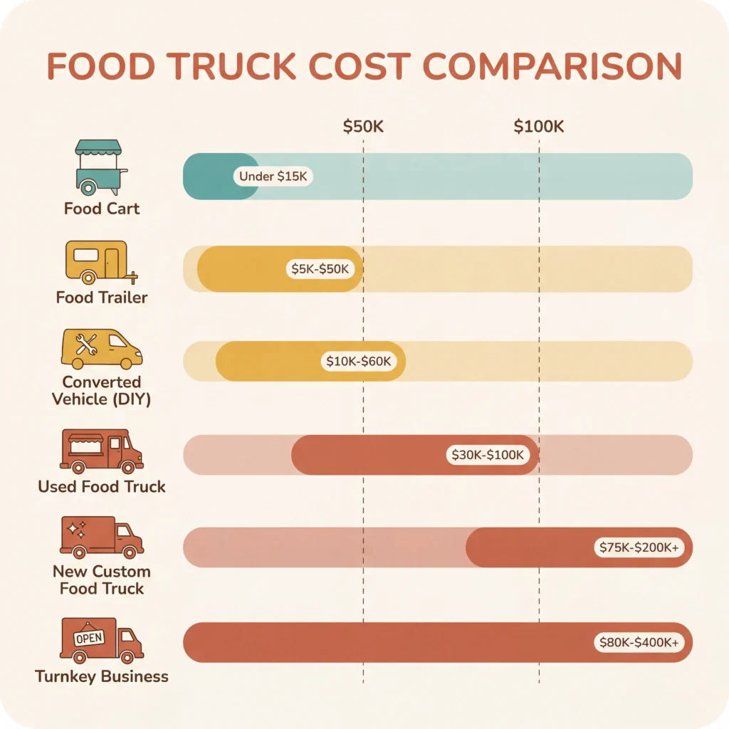 How much food truck cost by type from affordable carts to premium turnkey businesses with price range bars