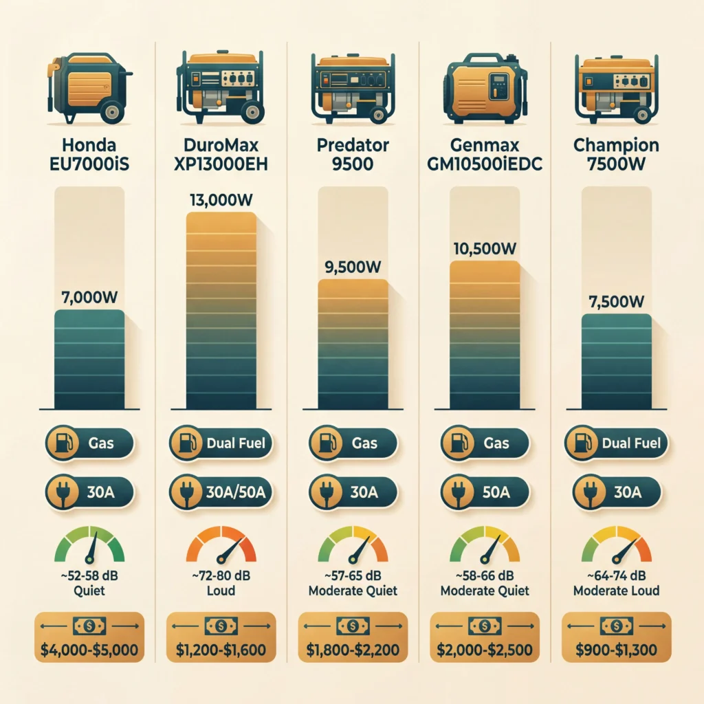 Inverter generator brand comparison showing Honda, DuroMax, Predator, Genmax, and Champion specs side by side