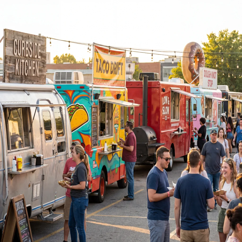 Row of diverse names of food trucks displayed on colorful wraps at a busy outdoor street food festival