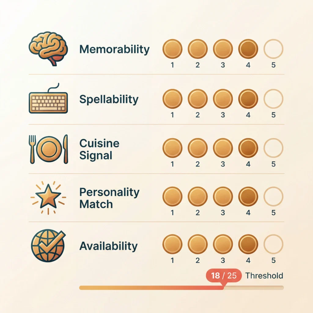 Food truck name scorecard showing five evaluation criteria including memorability spellability and availability