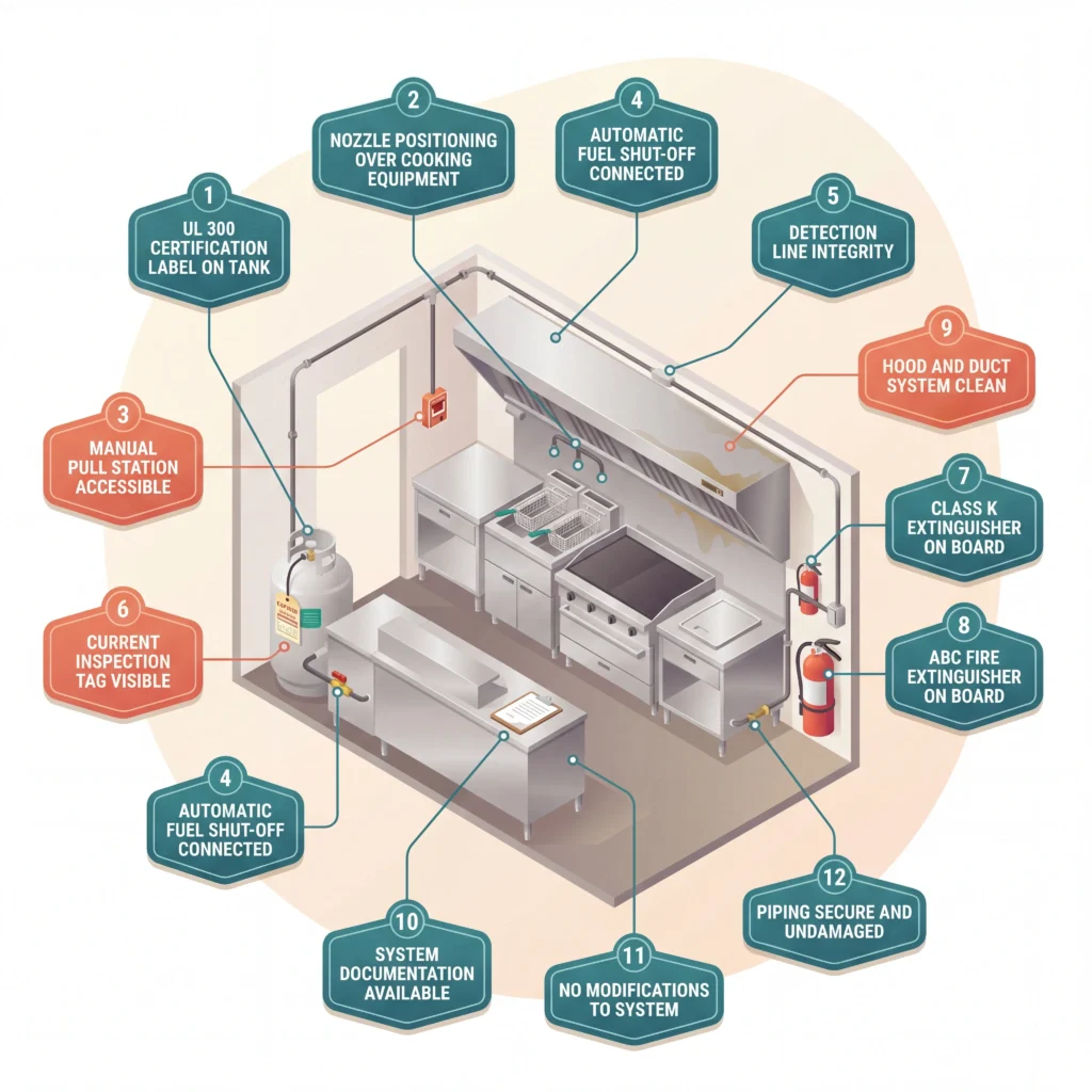 NFPA 96 inspection checklist visual showing twelve fire suppression checkpoints with common failure points highlighted
