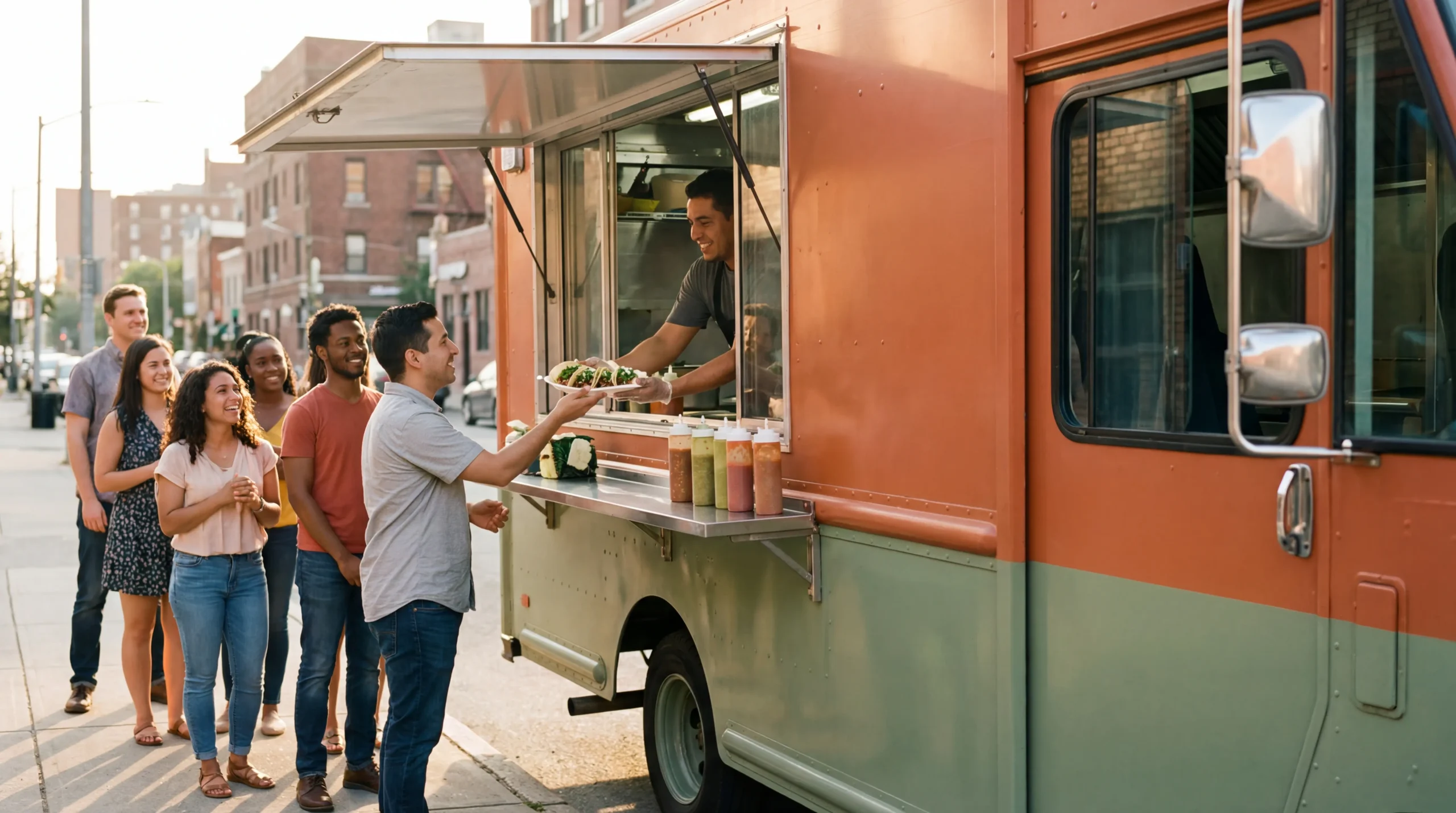 Taco food truck serving fresh tacos to customers from a colorful service window on a sunny street