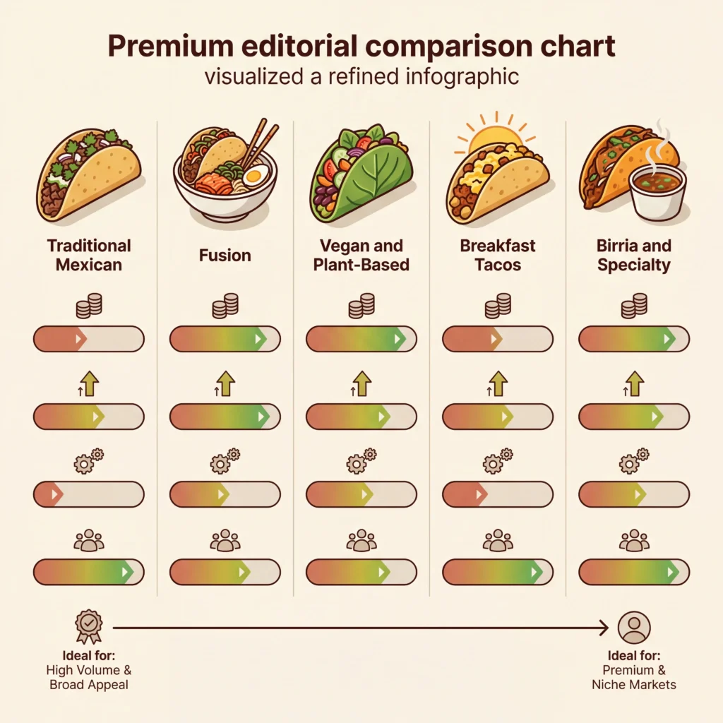 Five taco truck concept types compared by profit margin, average ticket, difficulty, and market demand