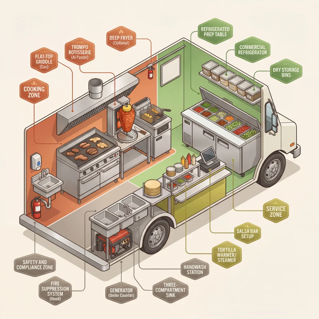 Taco truck equipment layout diagram showing four kitchen zones with cooking, prep, service, and safety areas