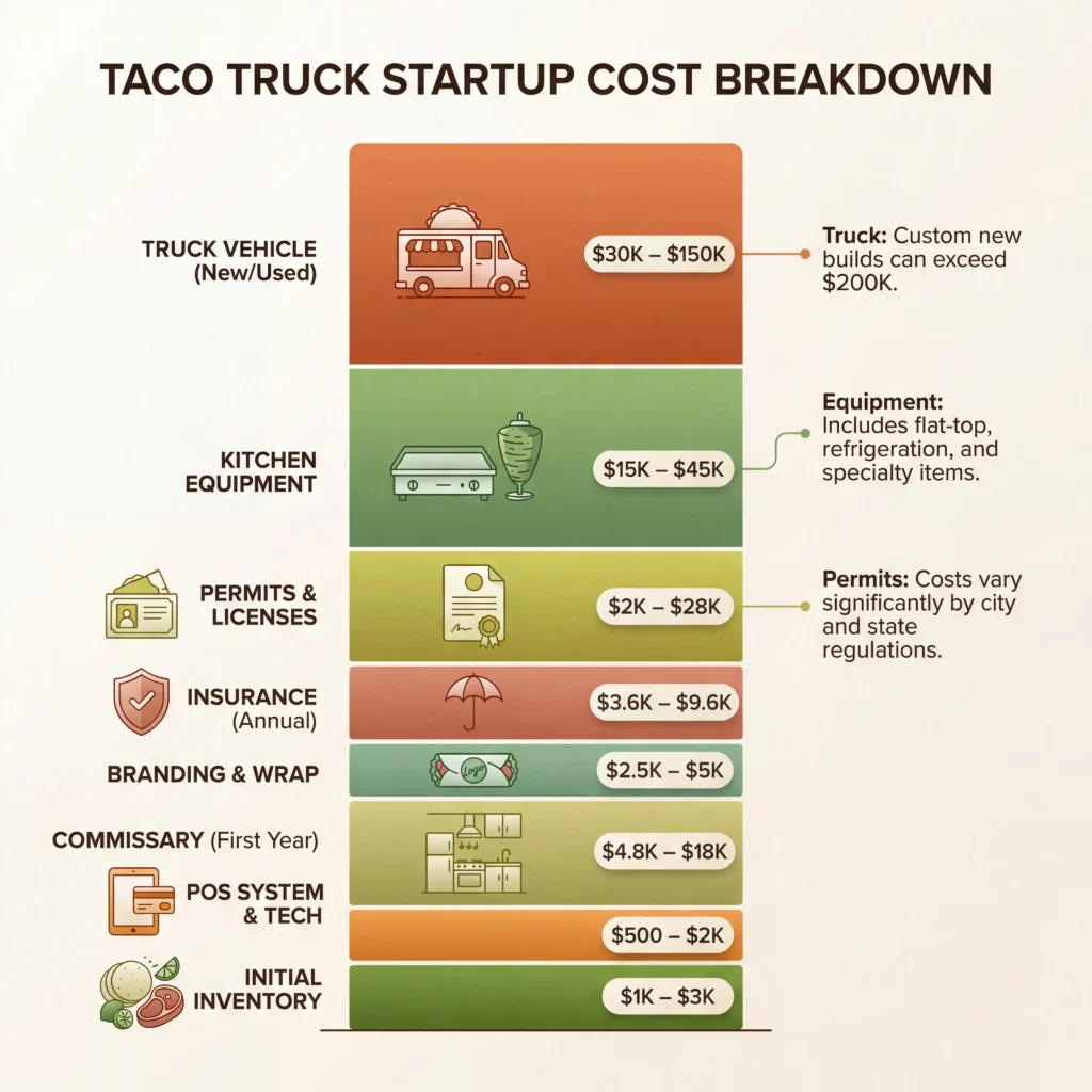 Taco truck startup cost breakdown showing expense categories from vehicle purchase to initial inventory