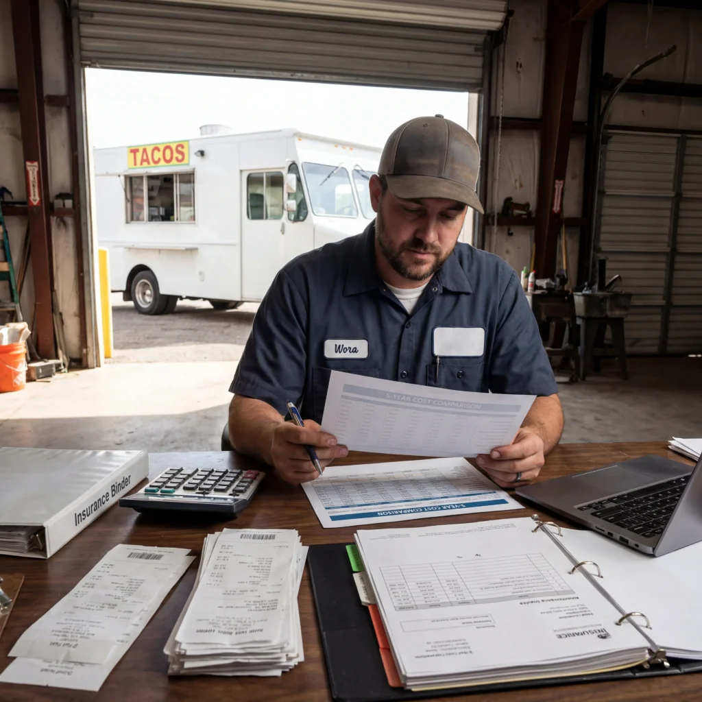 Food truck total cost of ownership spreadsheet with fuel receipts maintenance records and insurance documents spread on workshop desk