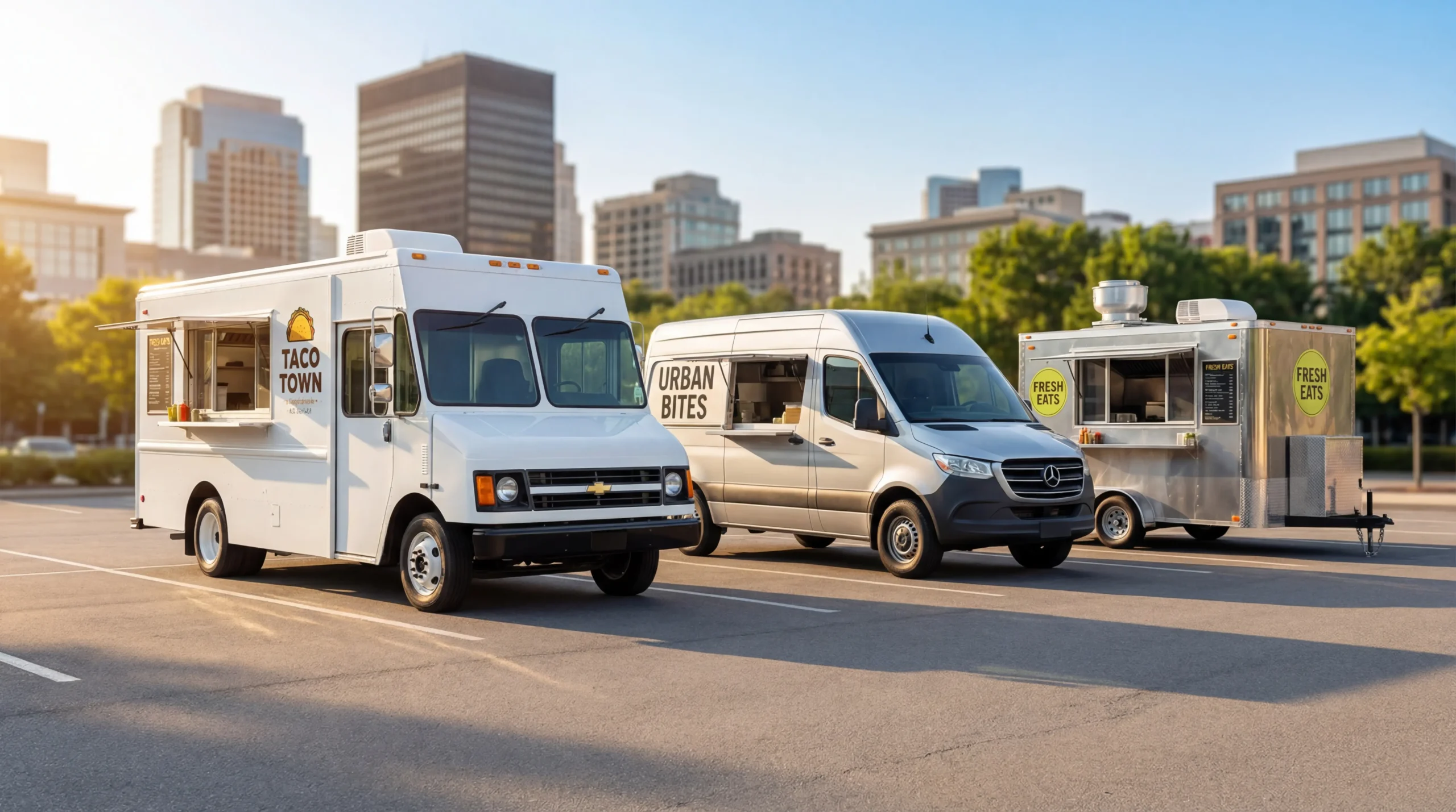 Truck for food truck comparison showing step van Sprinter van and food trailer options parked side by side for vehicle selection