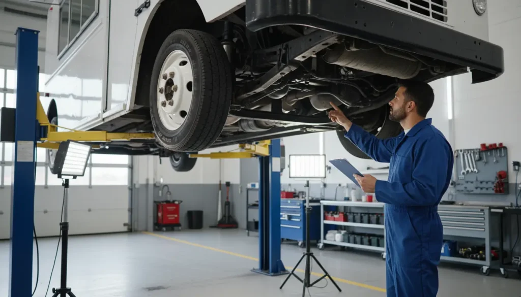 Mechanic performing pre-purchase inspection on used truck for food truck showing undercarriage and chassis examination
