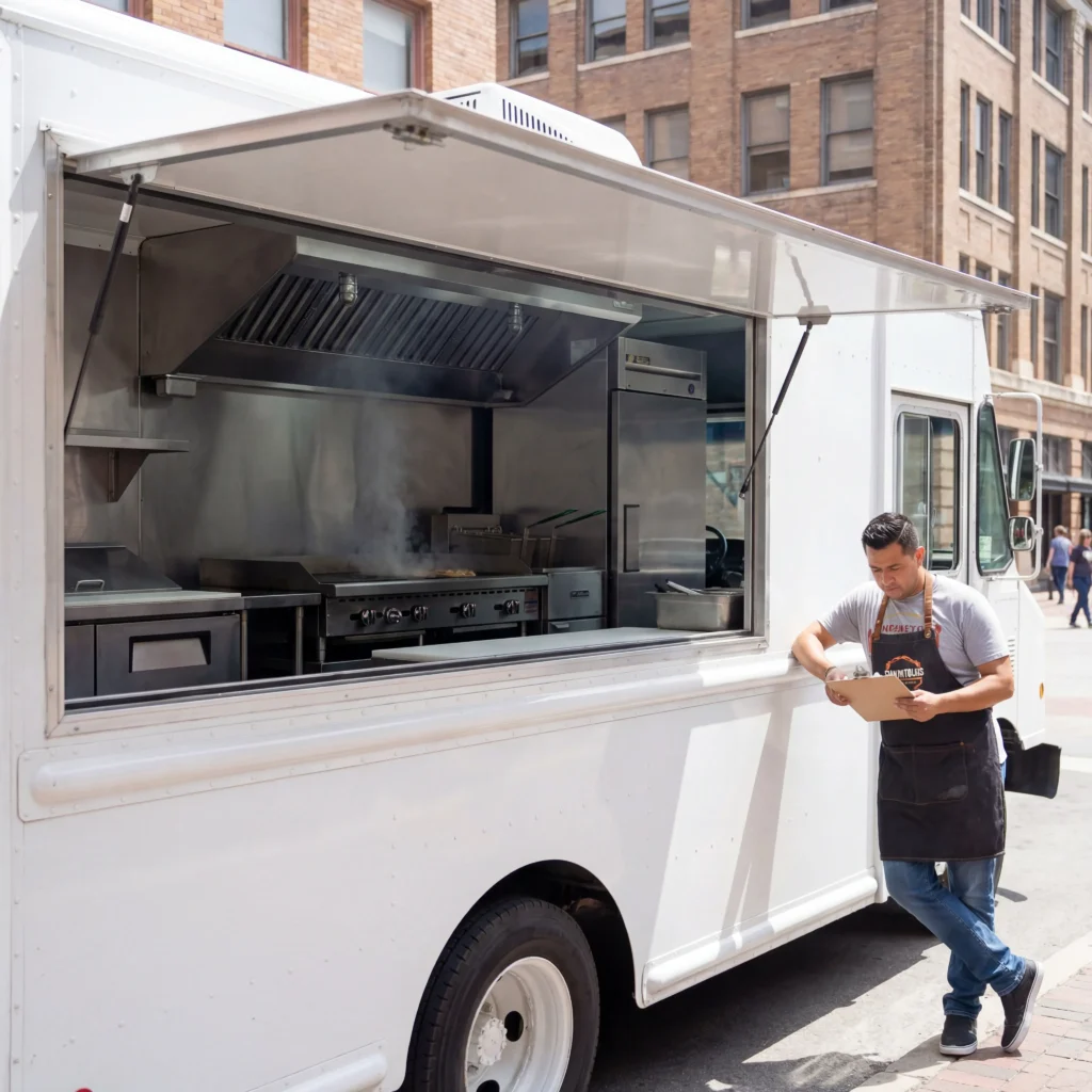 Step van for food truck build with open service window showing full commercial kitchen including grill fryer and hood system