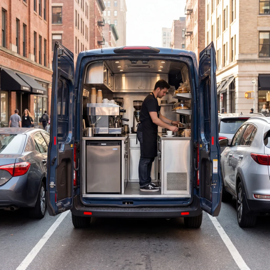 Best van for food truck conversion with rear doors open showing compact coffee kitchen in tight urban parking spot