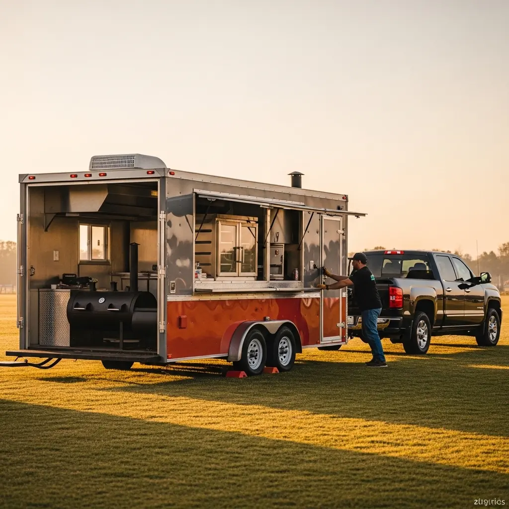 Food trailer vs food truck setup at outdoor event with smoker on tongue and operator unhitching the tow vehicle